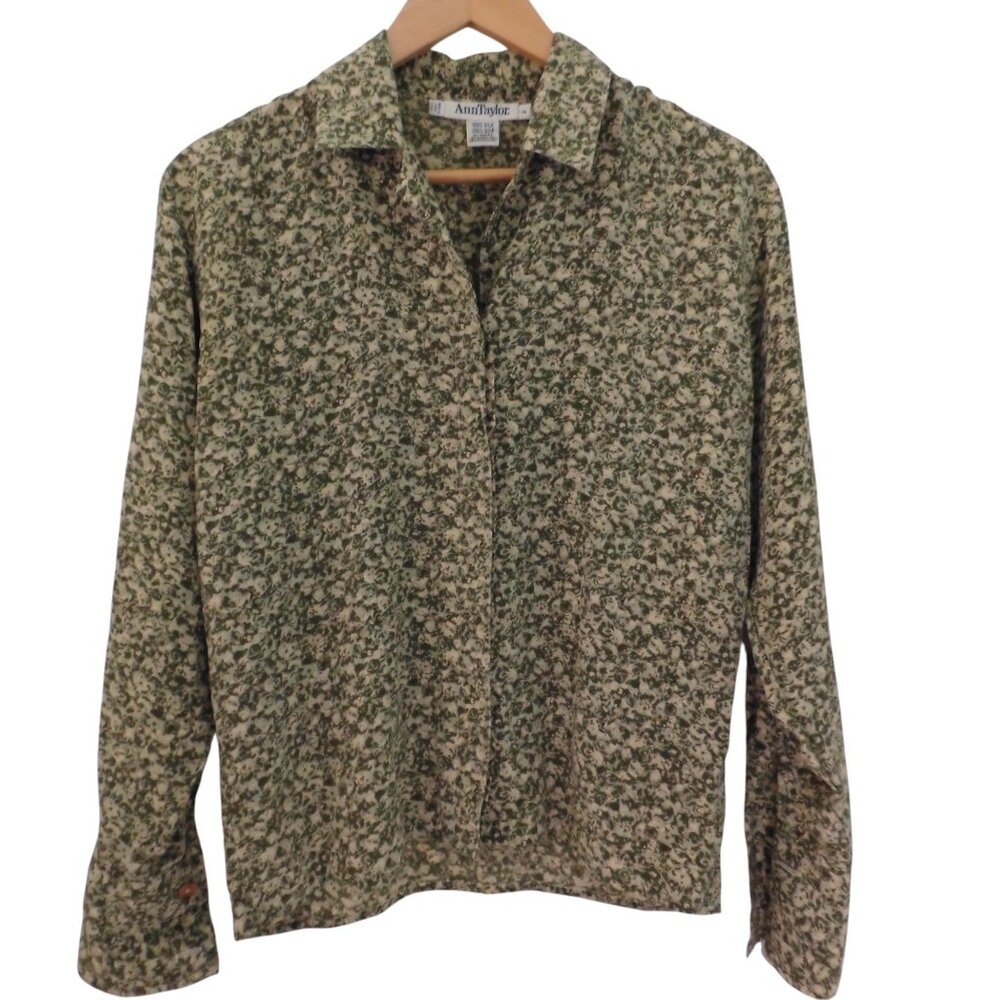 Ann Taylor Womens Silk button front top Olive Green Beige Floral Size 2 - Picture 7 of 7